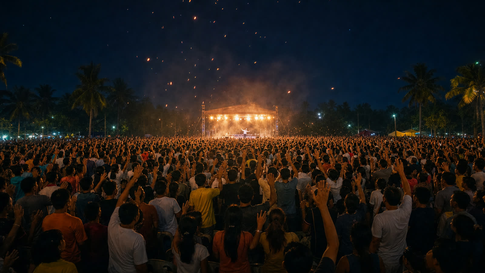 A vast crowd at night with hands raised in worship under glowing embers