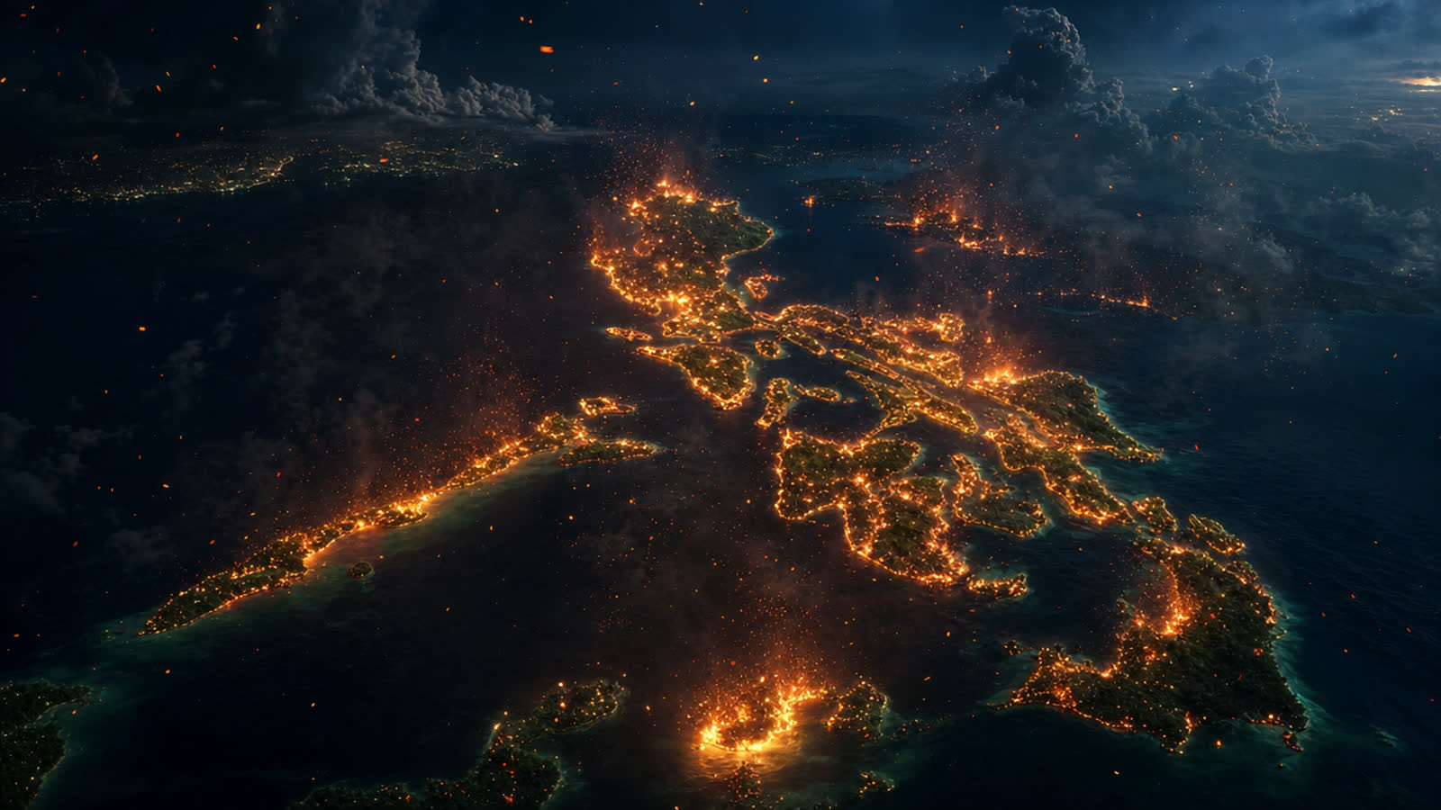 The Philippine islands at night glowing with orange light